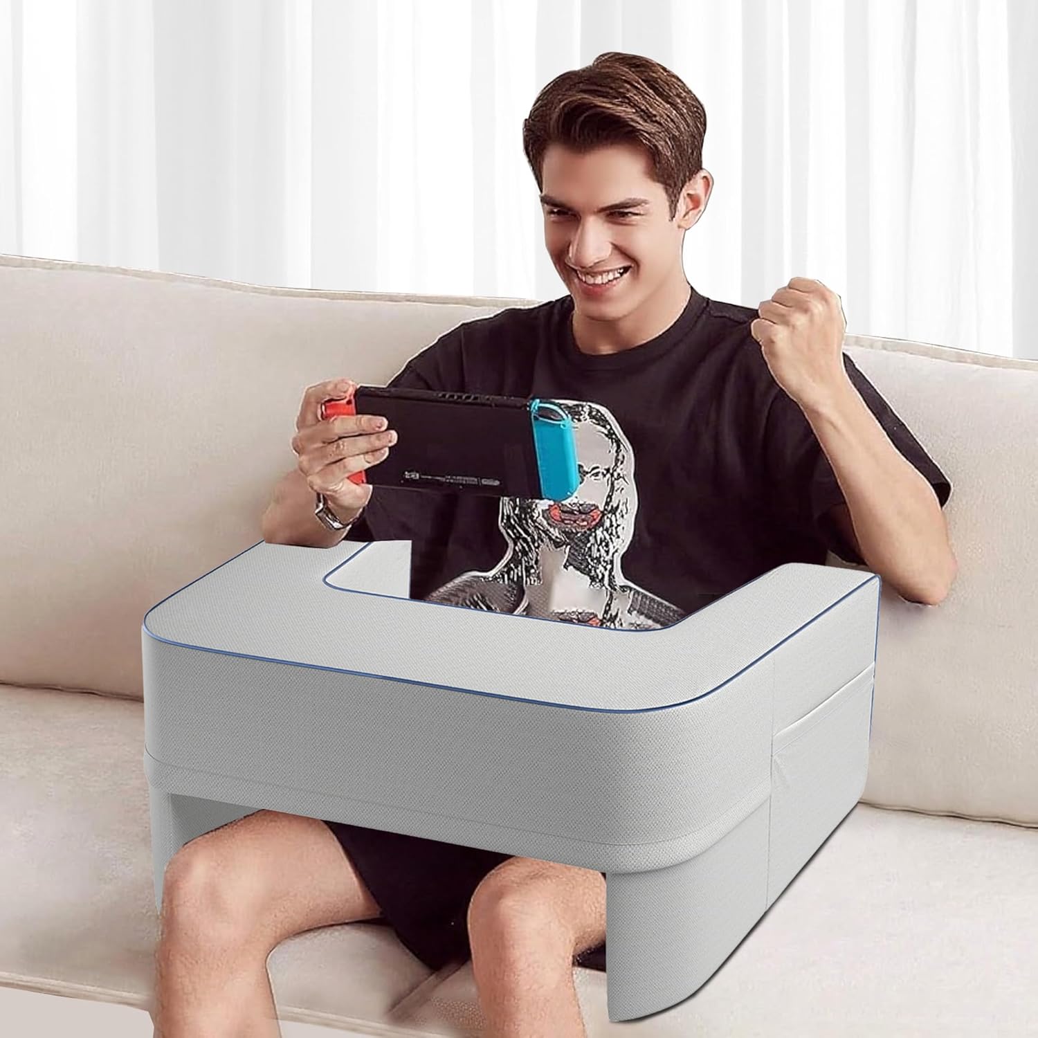 reading pillow for gaming lap desk pillow large laptop pillows for adults with arm rest and side pocket, gaming pillow for bed/floor/couch/rest/playing/working(grey)