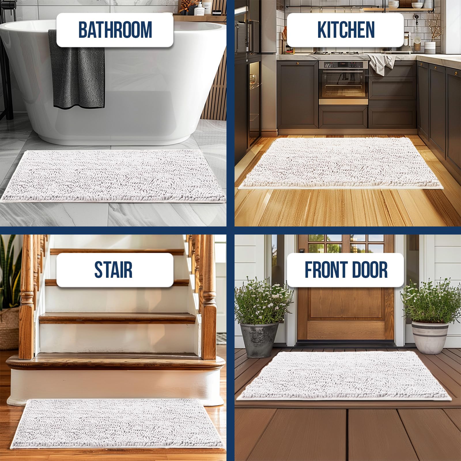 Muddy Mat Alfombras de baño de felpilla de microfibra de secado rápido, antideslizantes, lavables, extragruesas, suaves y altamente absorbentes, para baño, cocina y ducha, color blanco, XL, 59 x 35