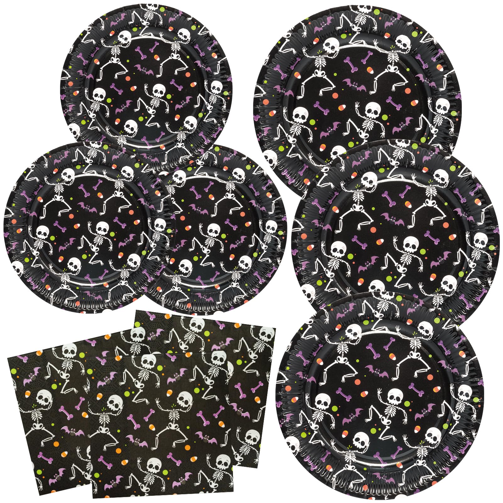 BFB Halloween Party Paper Plates, Dessert Plates, Paper Napkins Set Skeleton 48 Pieces Black Disposable Tableware Party Supplies