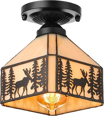 Vintage Elk Flush Mount Ceiling Light Animal Ceiling Lighting Fixtures with Stained Glass Shade for Living Room, Hallway Black 7.48inch