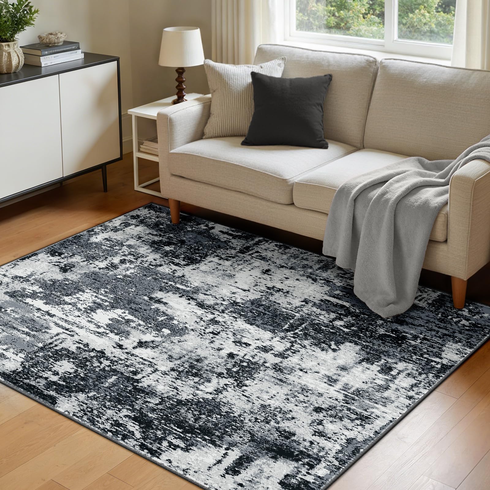 INOVADAY Washable Rugs Living Room 120x180 cm Modern Abstract Rug with Soft Low Pile Vacuum Friendly Non Slip Backing Minimalist Carpet for Lounge Bedroom Dining Room Home Office Black/Grey/White/Navy โ image 1