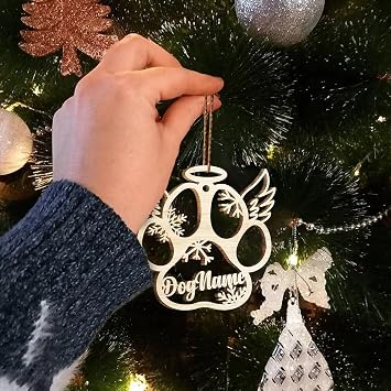 Personalized Christmas Custom Engraved Wood Ornament Custom Dog Paw Christmas Ornament, Laser Engraved Name, Angel Wings Wooden Ornament Pet Memorial Charm (B)