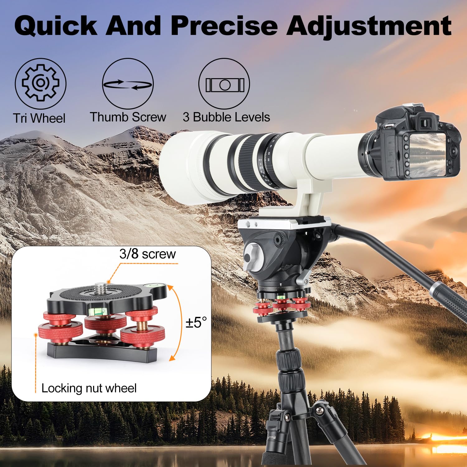 Koolehaoda Leveler Leveling Base z poziomicą i śrubą 3/8", 3 pokrętła z precyzyjną regulacją +/-5 stopni, konstrukcja ze stopu aluminium do statywu fotograficznego