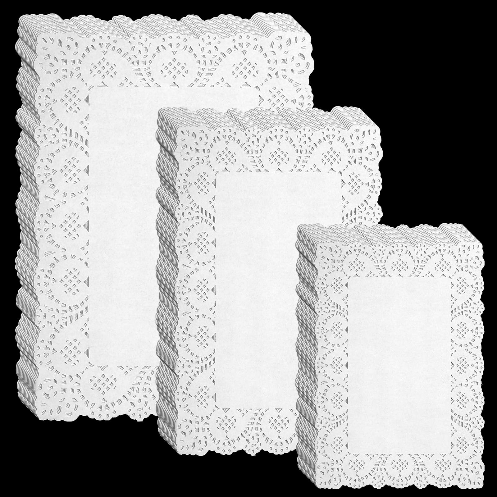 Photo 1 of 3 Sizes Paper Doilies, 90Pcs Lace Doilies Paper Rectangle Disposable Placemats White-Doilies for Tables Dessert Trays Party Craft Wedding Birthday Cakes Tableware Decorations, 9×6.3in&12×7.5in&14×10in
