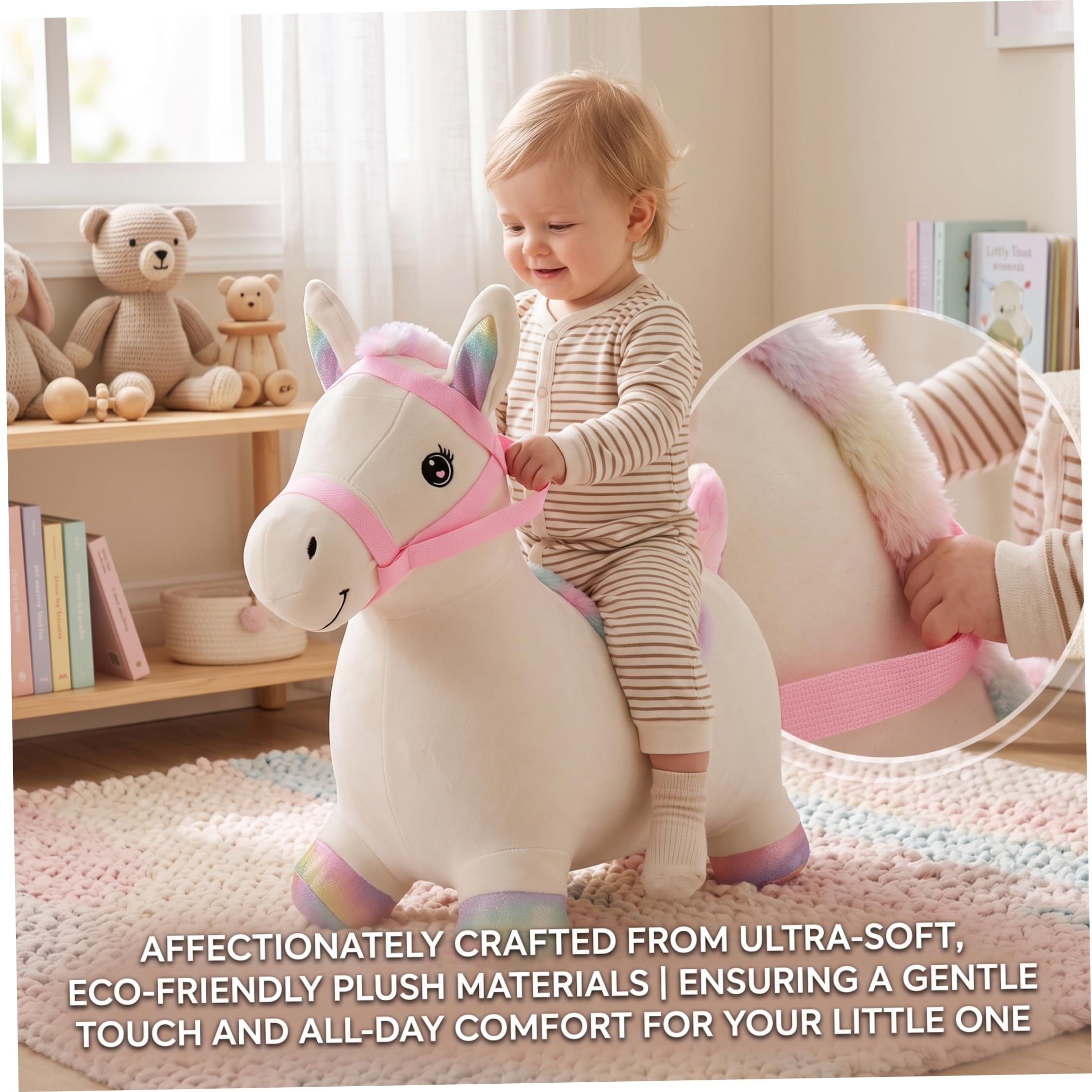 Cavallo Rimbalzante Gonfiabile Giocattolo Cavalcabile Rimbalzante, Copertura Morbida Lavabile, Fodera in PVC Ecologico, 100 libbre, Interno/Esterno, 18+ Mesi Bambini e Neonati