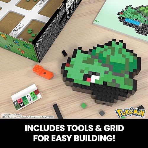 Miniatura 6 de Mega Pokémon Bisasam Look Retro - Construcción de 15 cm con piedras de arte de píxeles - Incluye base montada en la pared para amantes