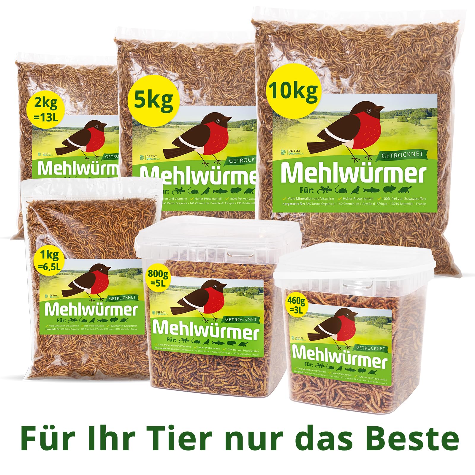 Detox Organica Mehlwürmer Getrocknet, 2Kg (13L) getrocknete Mehlwürmer mit sehr hohem Proteingehalt, Würmer für Reptilien, Vögel, Wildvögel, Igel, Fische, Schildkröten & Nager – Premium Qualität