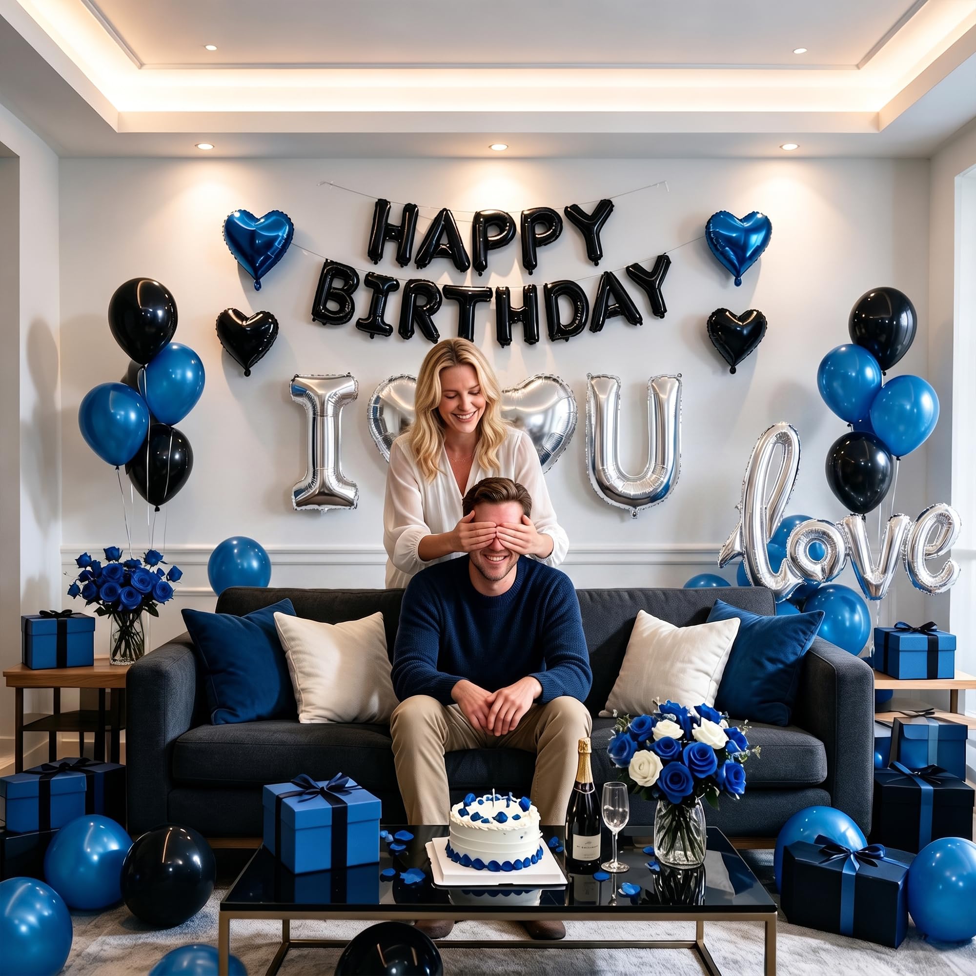 Set di palloncini di buon compleanno blu e nero con palloncini I Love You