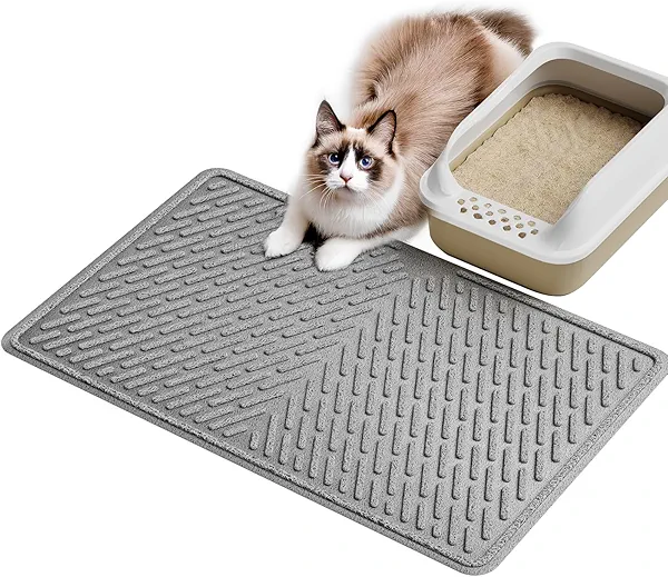 Pieviev Cat Litter Trappping Mat, 30″×23″ V-Shaped Channel & Mesh Litter Capturing Design, Waterproof & Easy to Clean Cat Litter Box Mat, Scatter Control for Indoor Cats, Gray