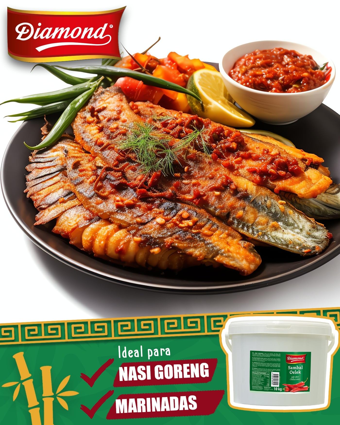 DIAMOND Sambal Oelek, pasta intensamente picante de guindilla roja, para dar sabor a platos wok, arroz frito y fideos fritos - 1 x 10 kg