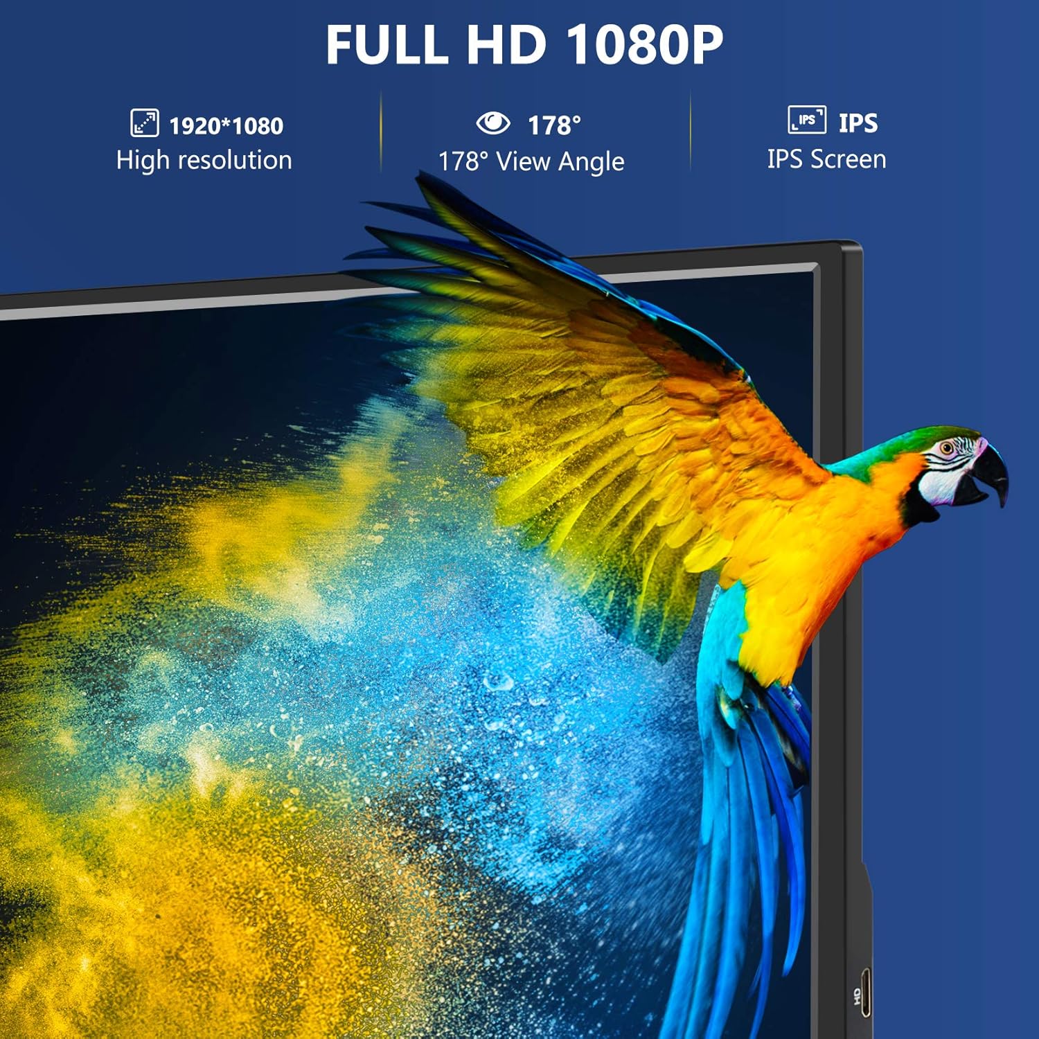 Detailní záběr na obrazovku přenosného monitoru FANGOR zobrazující barevného papouška s rozlišením Full HD 1080P a úhlem záběru 178 stupňů. view úhel a technologie IPS obrazovky.
