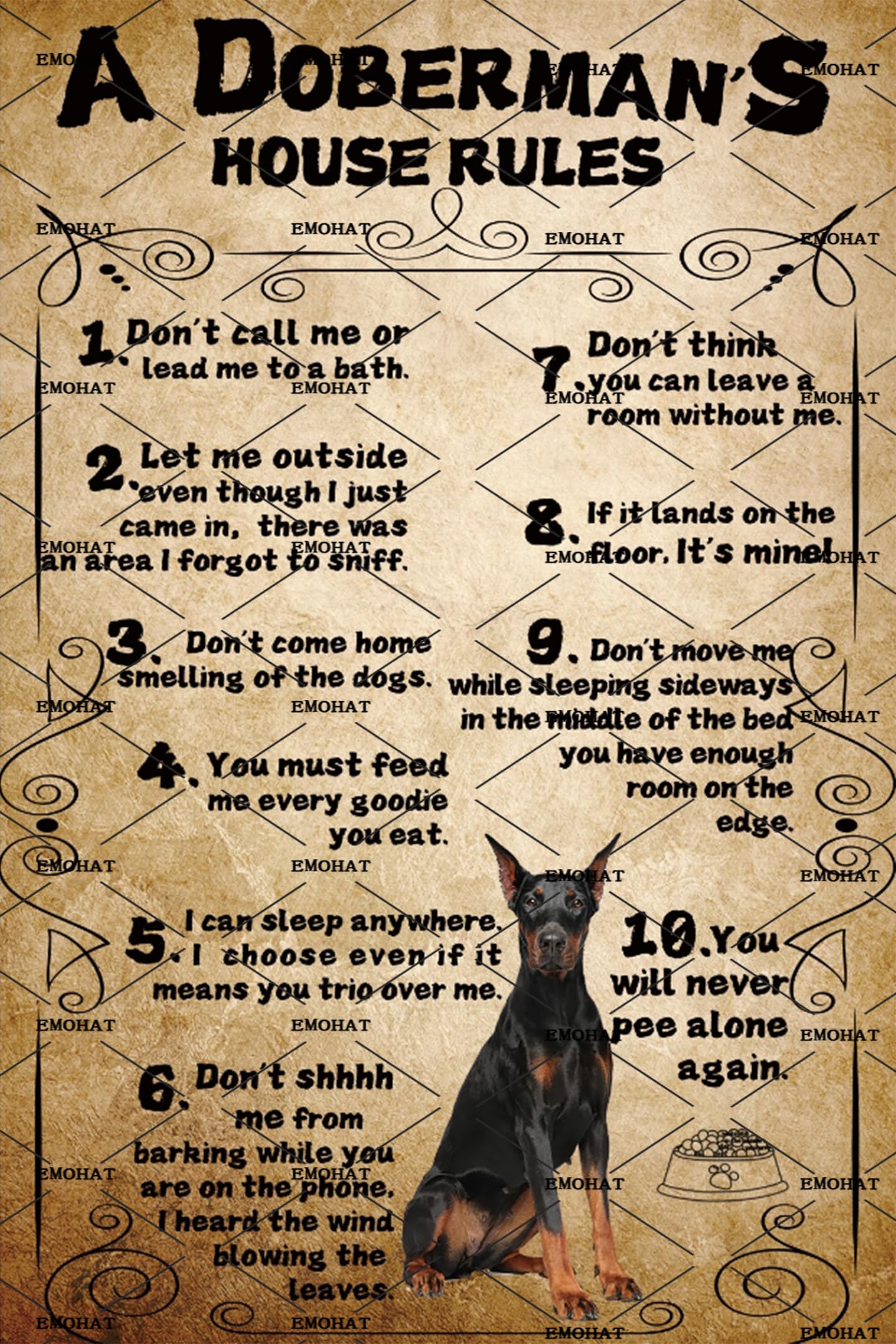 A Doberman's House Rules Dog Tin Sign, 8x12 Inch Decor
