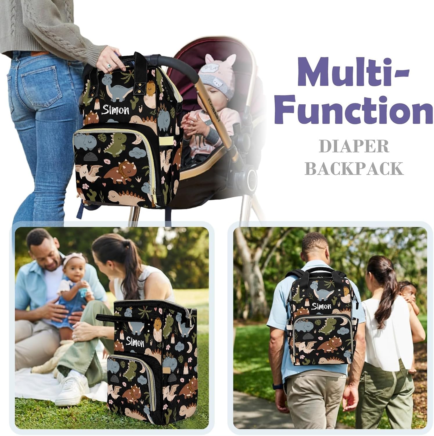 Cute Tropical Dinosaur Large Capacity Custom Diaper Bag for Baby Boy Girl Waterproof Personalized Name Diaper Bag Backpack with Multi-Pocket Customized Mom Travel Daypack for Baby Essentials