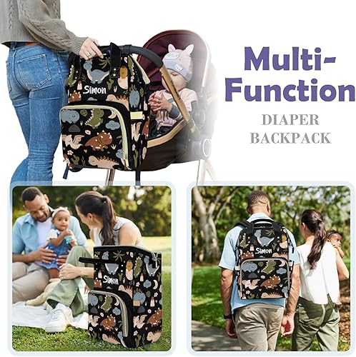 Miniatura 6 de Lindo dinosaurio tropical gran capacidad personalizado bolsa de pañales para bebé niño niña nombre personalizado bolsa de pañales mochila, Negro 02,