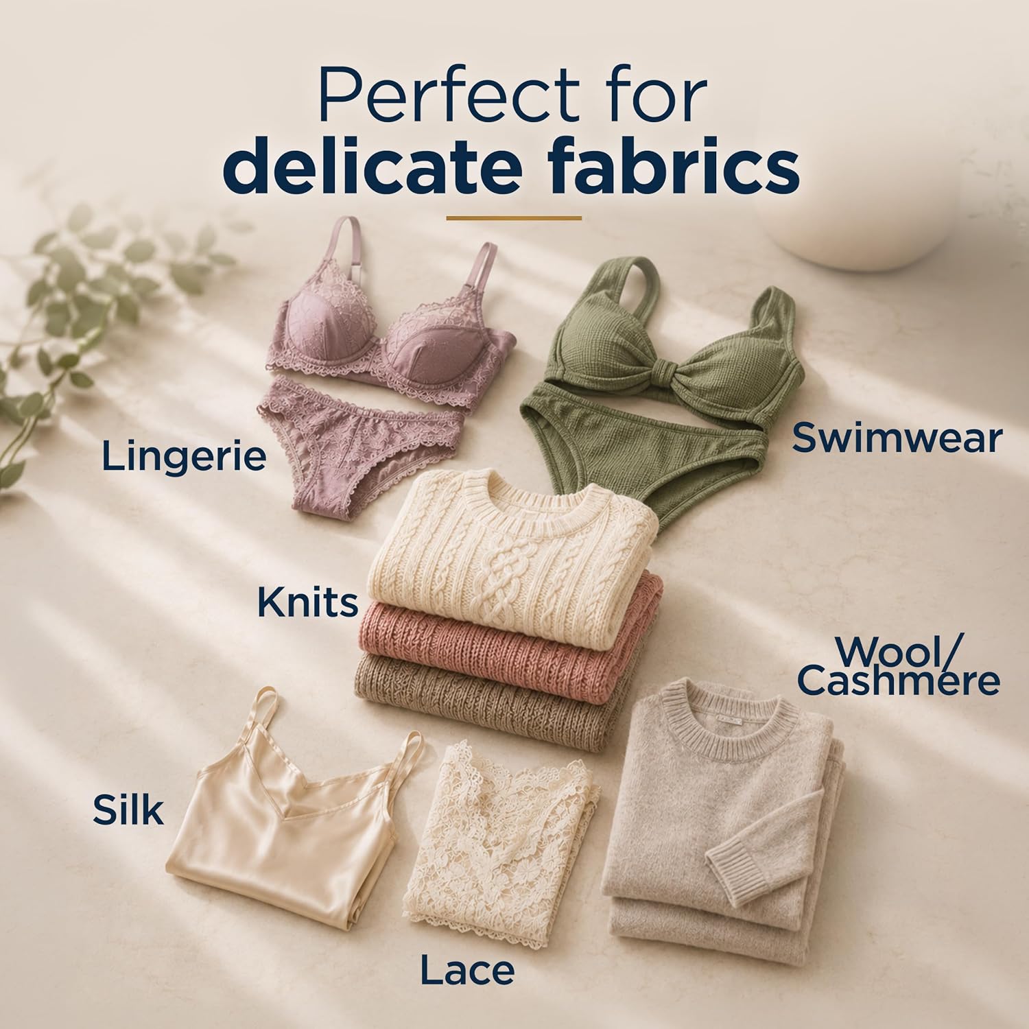 Flat lay of lingerie, swimwear, knits, wool, cashmere, silk and lace grouped by fabric type