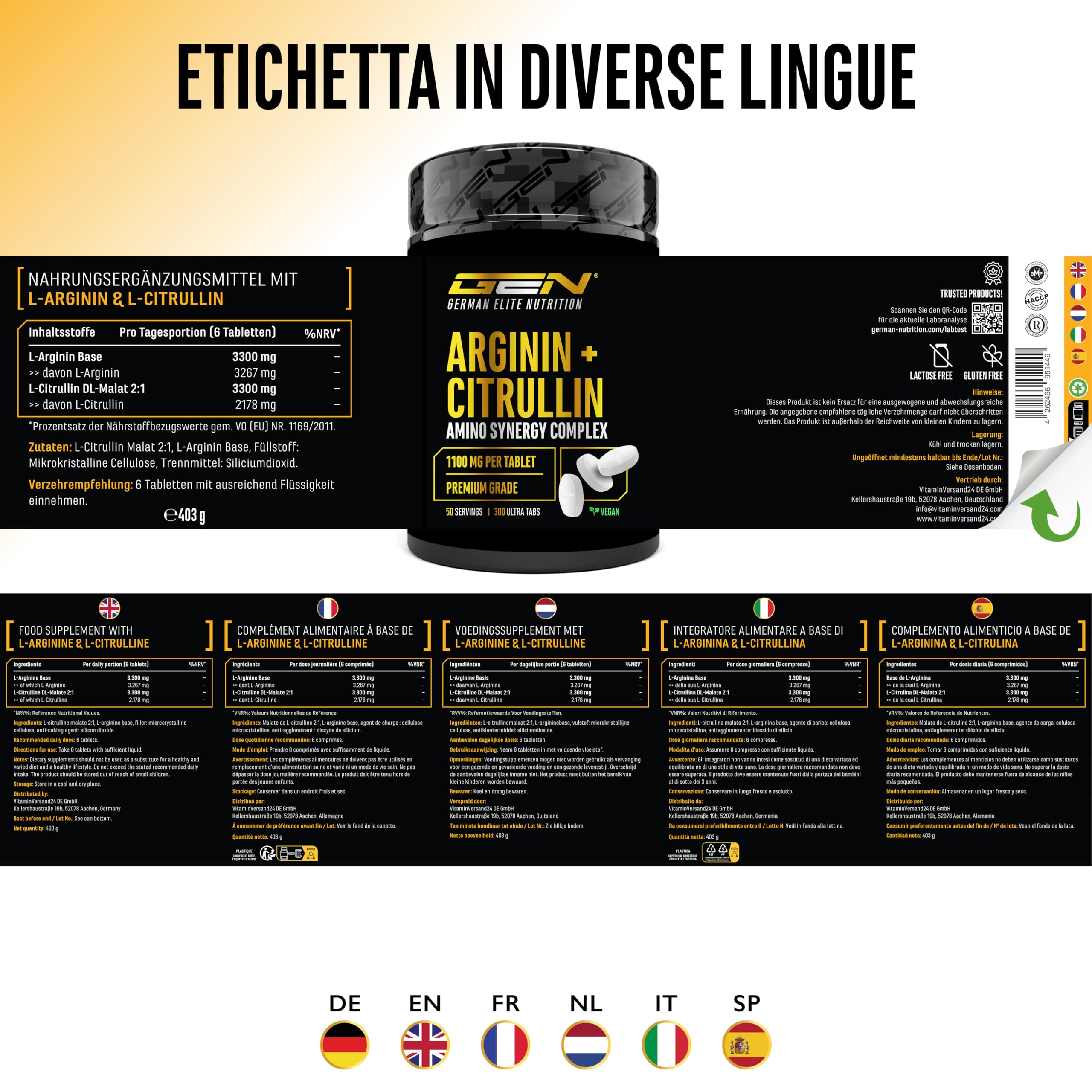 L-Arginina + L-Citrullina Ultra Compresse - 300 compresse da 1100 mg - Combinazione ad alto dosaggio di L-arginina base e L-citrullina malato 2:1 - Vegano