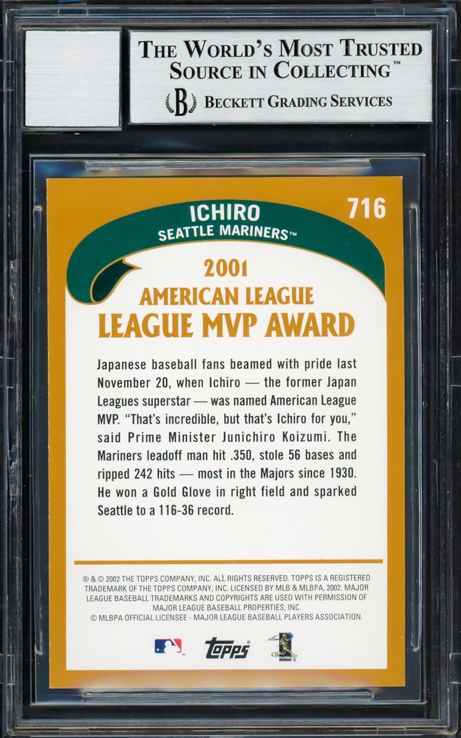 Ichiro Suzuki Autographed 2002 Topps Baseball Card #716 S.e.a.t.t.l.e Mariners Auto Grade Gem Mint 10 Beckett BAS Stock #220254