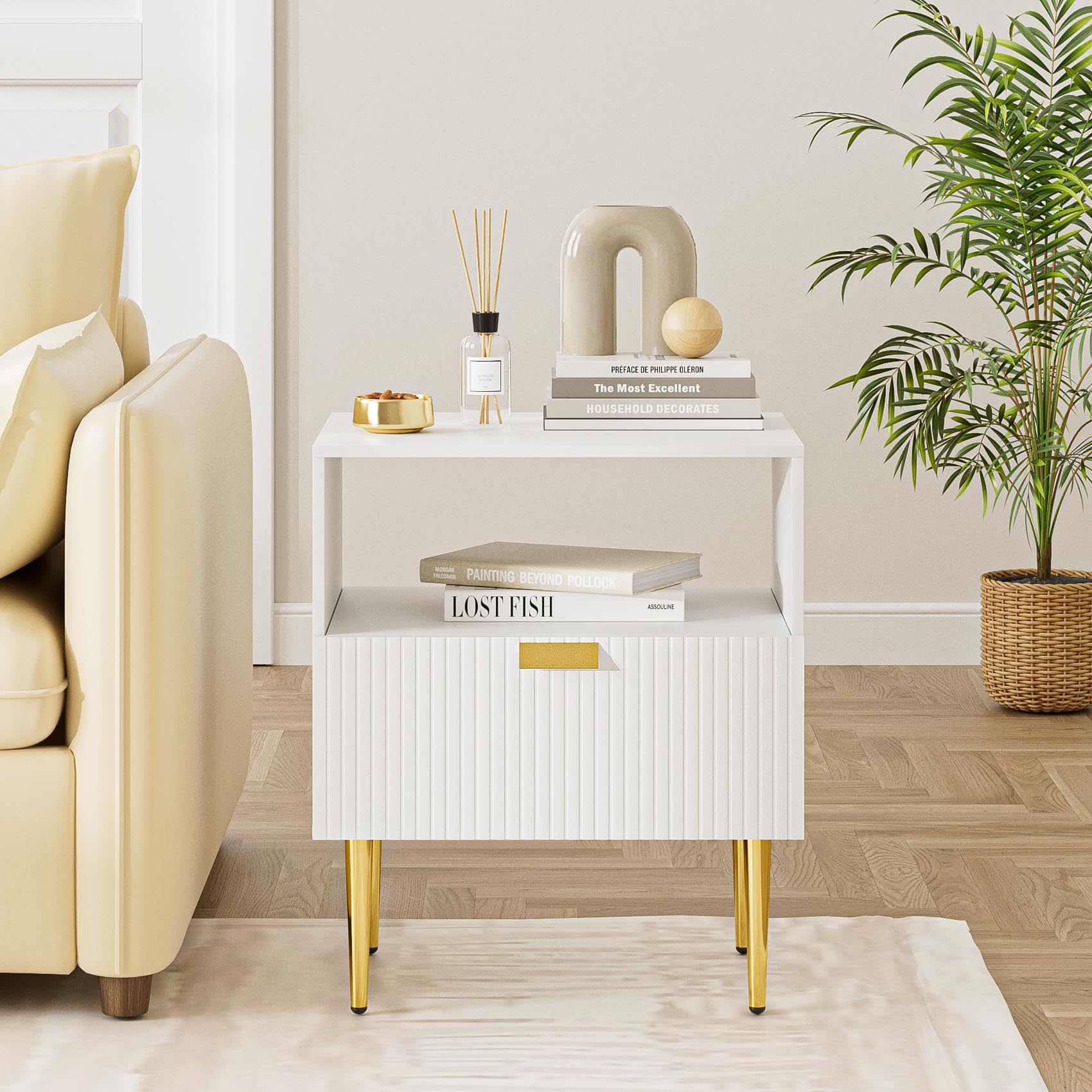 HEYZOEY Table de chevet pour chambre à coucher, table de chevet striée, table d'appoint pour salon, table d'appoint avec tiroirs, meuble de chambre à coucher, à rayures blanches