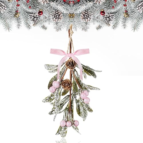 Giegxin 1 pieza de adorno de muérdago artificial de Navidad con lazo rojo, decoración colgante de muérdago de Navidad, ramo floral, conos de pino