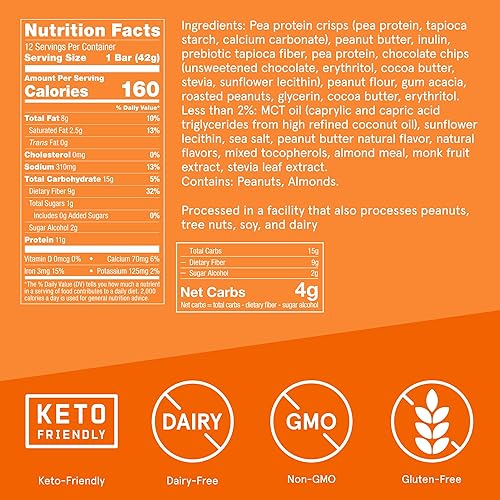 Miniatura 2 de Bulletproof Barras de proteína crujiente, chispas de chocolate de mantequilla de maní, paquete de 12, alto contenido en proteínas, bajo en azúcar