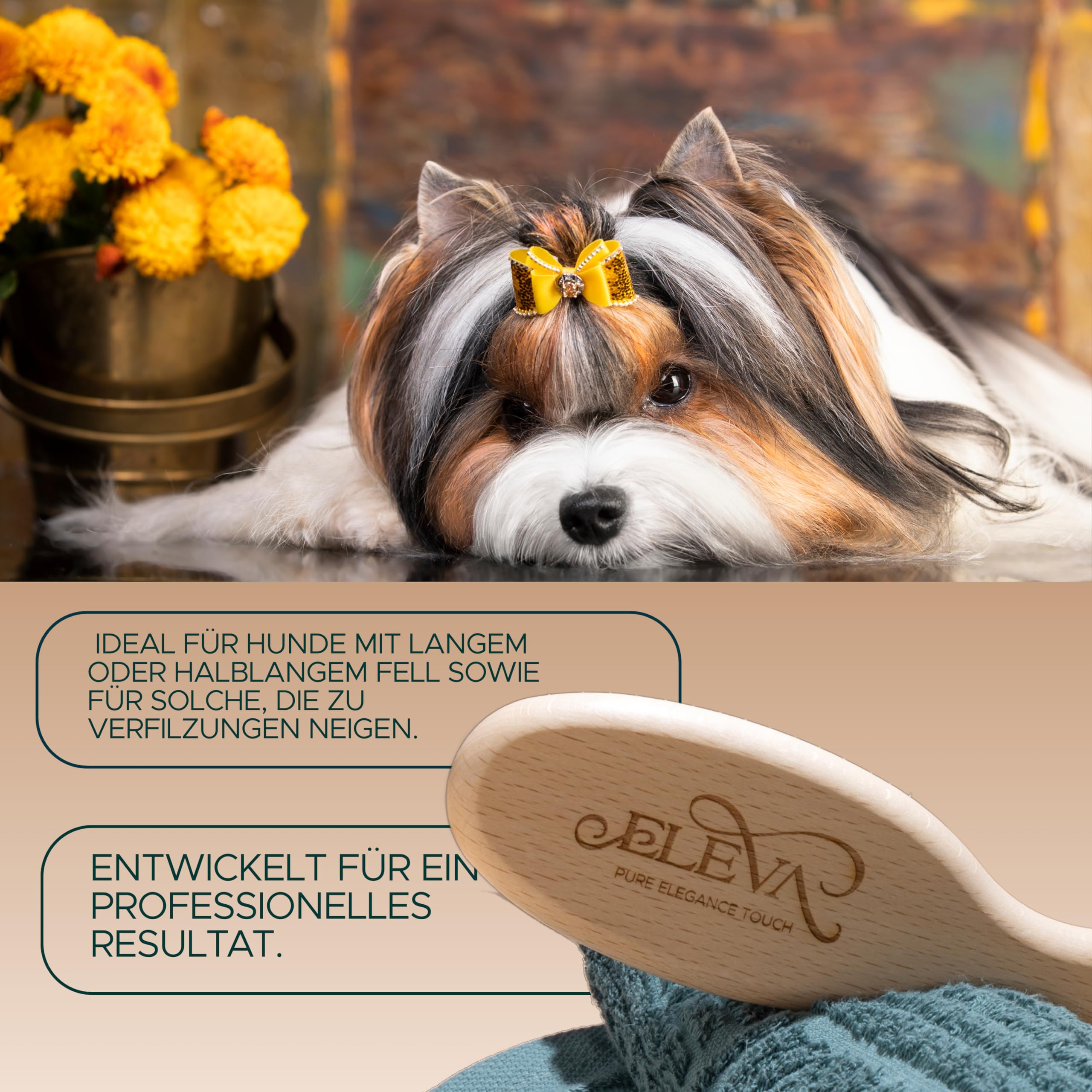 ELEVA PET Hundebürste aus Holz – Zähne aus Stahl – professionelle Pflege – entfernt Knoten ohne Kraftaufwand – für langes und halblanges Fell – hält das Fell sauber und hell – Made in Italy