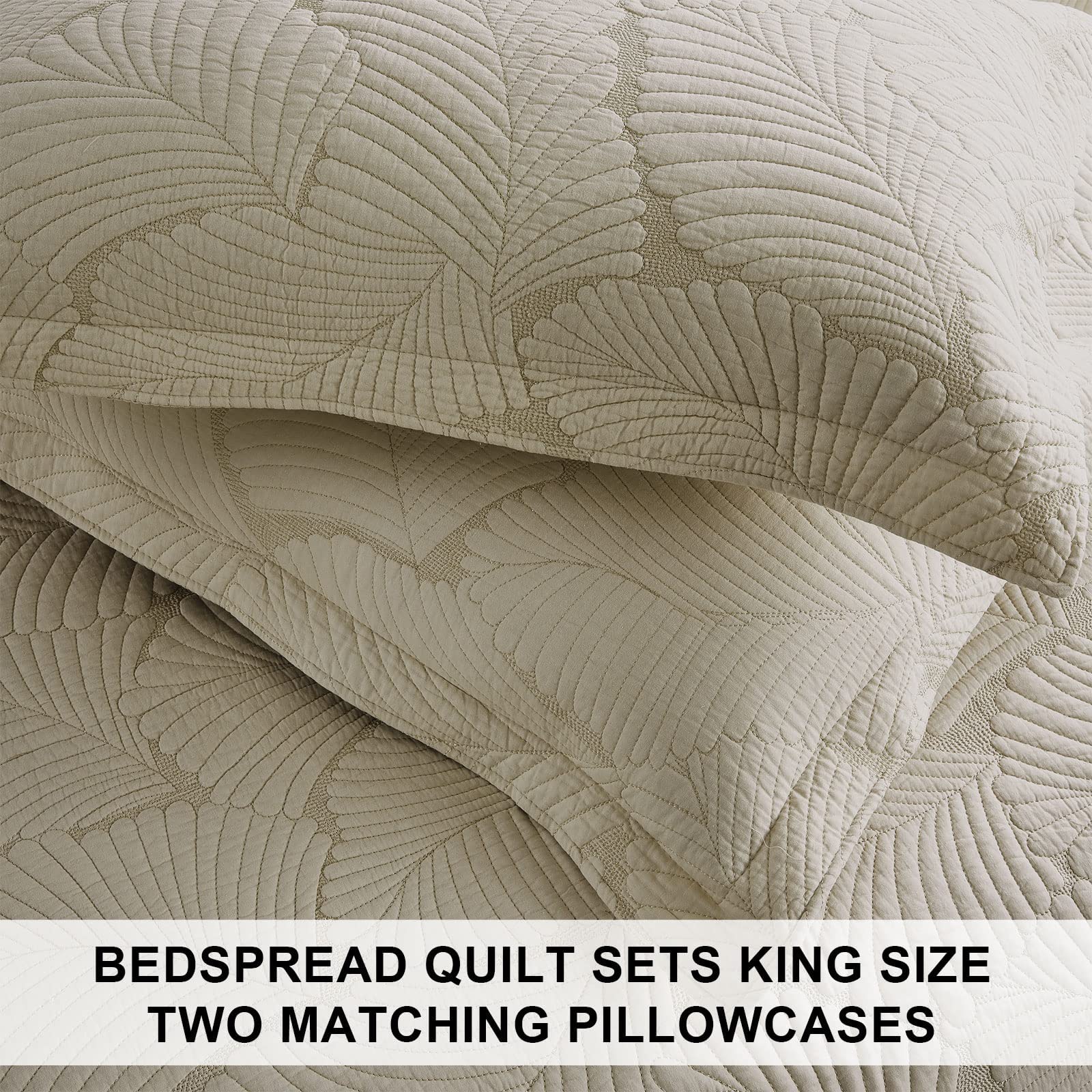 Unimall Tagesdecke Baumwolle Bettüberwurf Set Natur Pflanzen Muster Doppelbett 2X Kissenbezug Shabby Chic 230×250cm, Beige