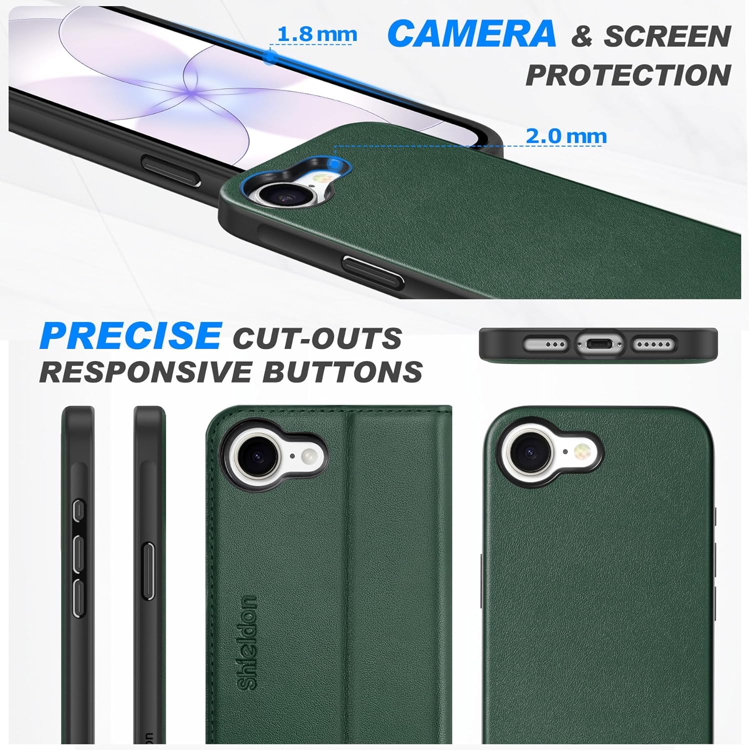 SHIELDON 2-in-1 Case Wallet for iPhone 17e 5G 6.1" 2026 | Genuine Leather, Detachable, Flip Magnetic Closure, Wireless Charging, RFID Blocking Card Slot, Kickstand, Shock Absorbing Cover - Evergreen