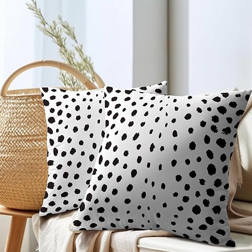 Miniatura 8 de Kawani Juego de 2 fundas de almohada cuadradas de lino con estampado de lunares de 18 x 18 pulgadas, color blanco y negro, con trazos de pincel,