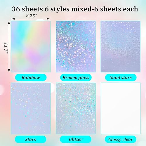 Miniatura 10 de Bleidruck 36 hojas de papel holográfico impermeable, tamaño A4, hojas de vinilo transparente, autoadhesivas, con 4 estilos mezclados
