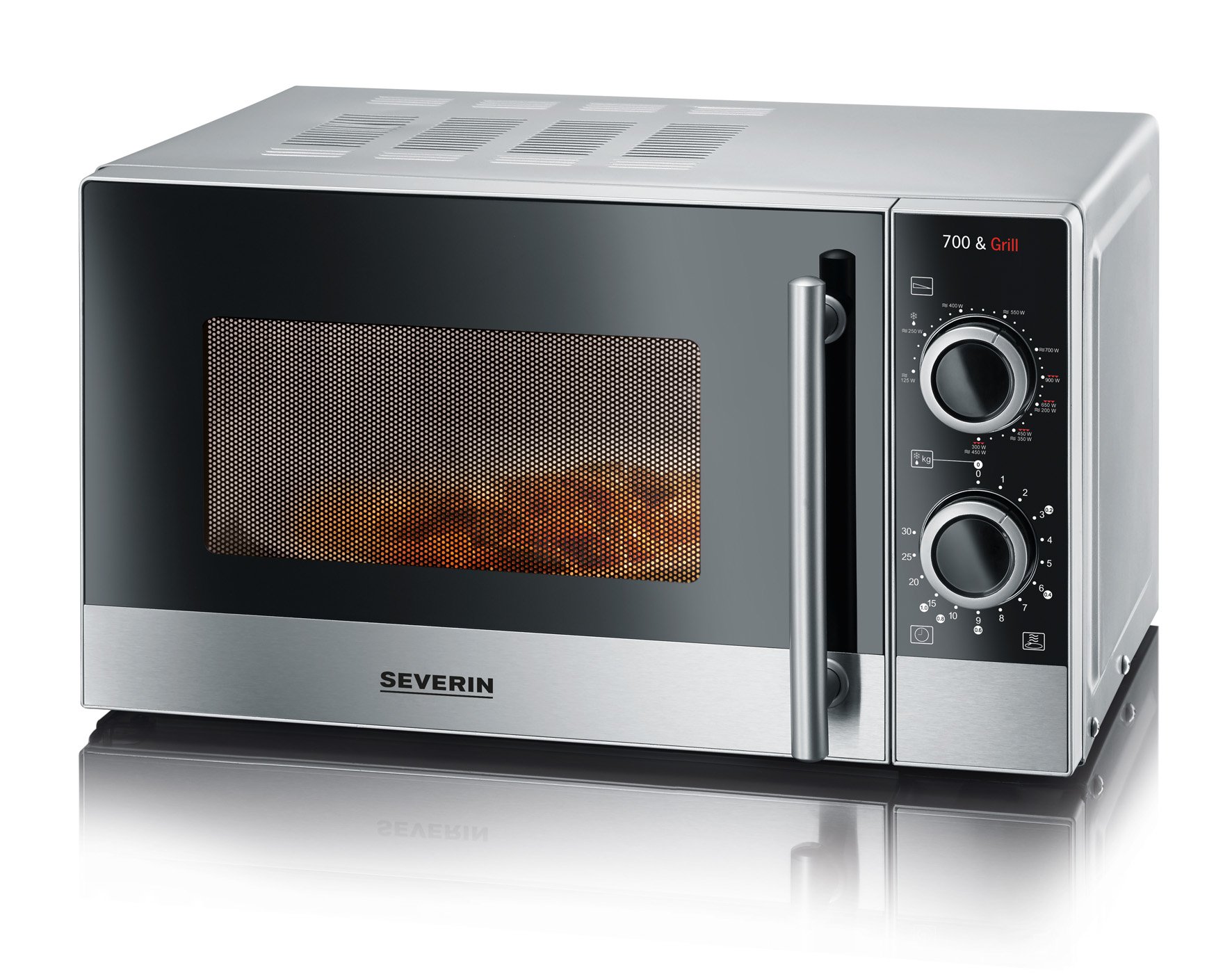 SEVERIN Kuchenka mikrofalowa z grillem 2 w 1, 700 W, kuchenka mikrofalowa z 9 ustawieniami mocy, potężna kuchenka mikrofalowa, stojak i talerz obrotowy, srebrny/czarny/stal nierdzewna, MW 7874