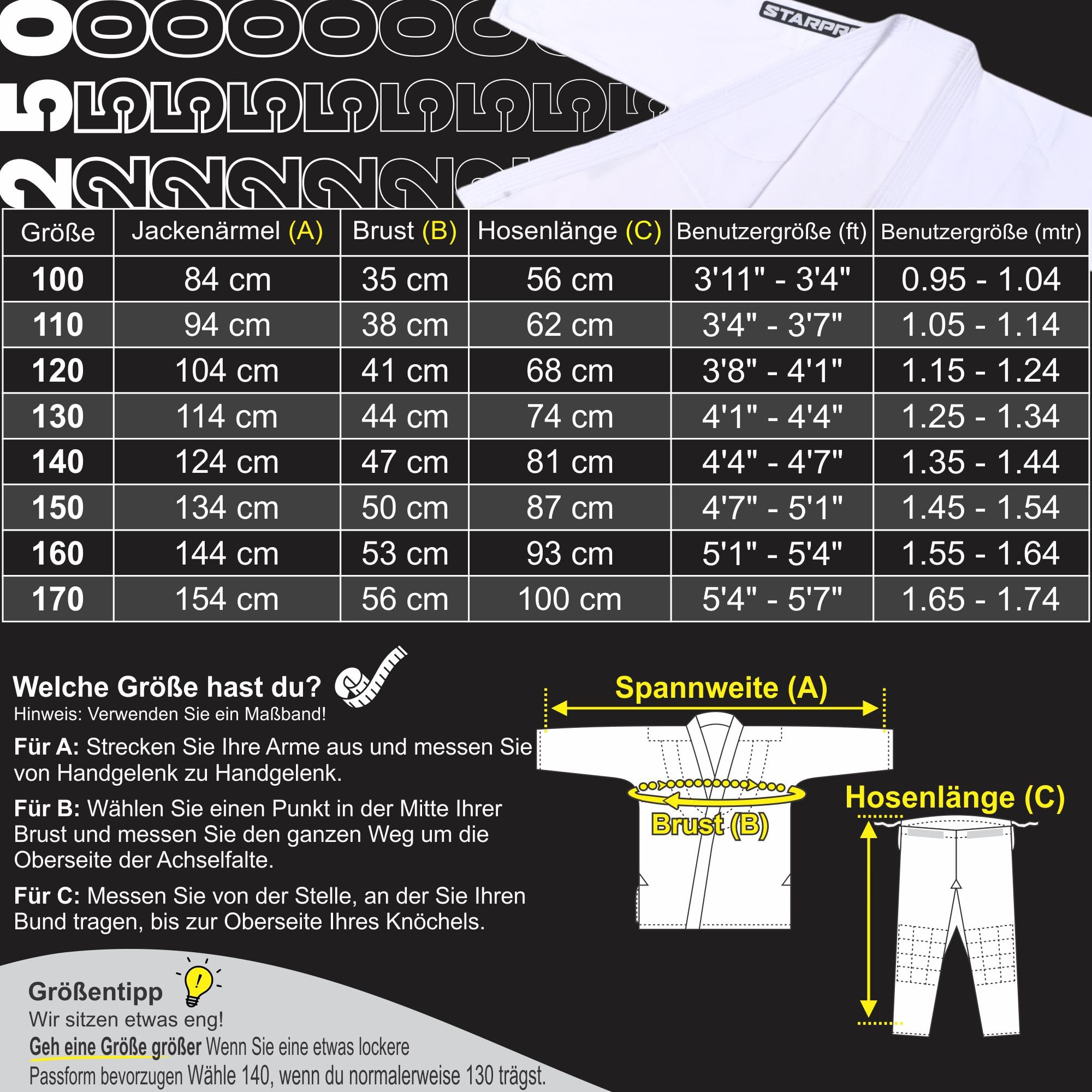 Starpro Judoanzug für Kinder 100% Baumwolle 250 g/m² Weißer Gürtel Größen 100-170 cm