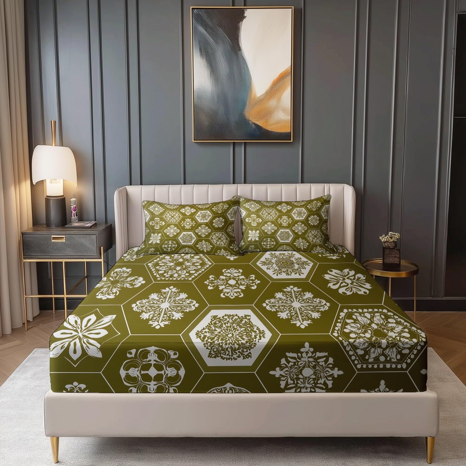 Drap Housse Doux Traditionnel Élégant Motif Damassé Thème, 140 x 190 cm Drap-Housse en Microfibre avec Coins Élastiqués - Respirant Draps-Housses pour Matelas de 30 cm Haut, Vert Olive