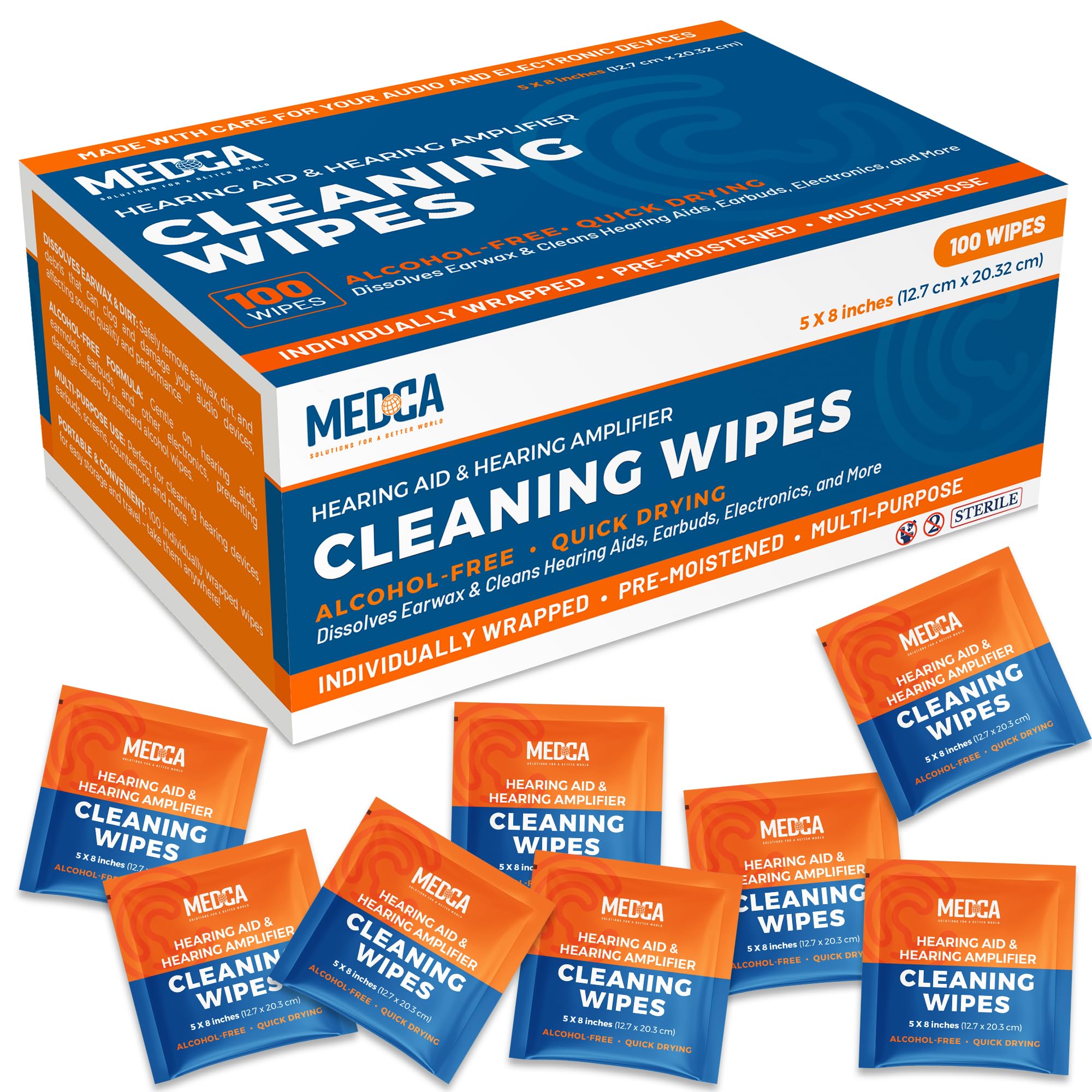 Hearing Aid Cleaning Wipes - 100 Individually Wrapped Pre-Moistened Alcohol-Free Wipes for Hearing Aids, Amplifiers, Earbuds, Audio & Electronics - Portable, Quick-Drying, Gentle, Daily Use & Travel