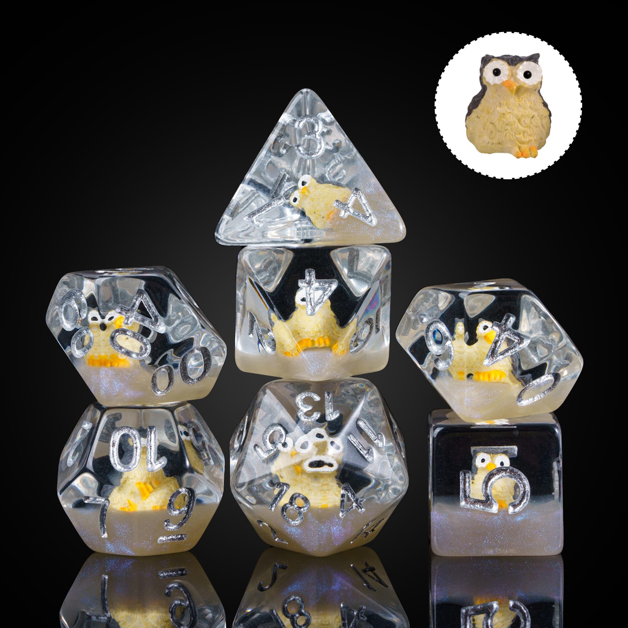 Cusdie 7-Die DND Dice, Polyhedral Dice Set Filled with Animal, for Role Playing Game D&D Dice (Owl)