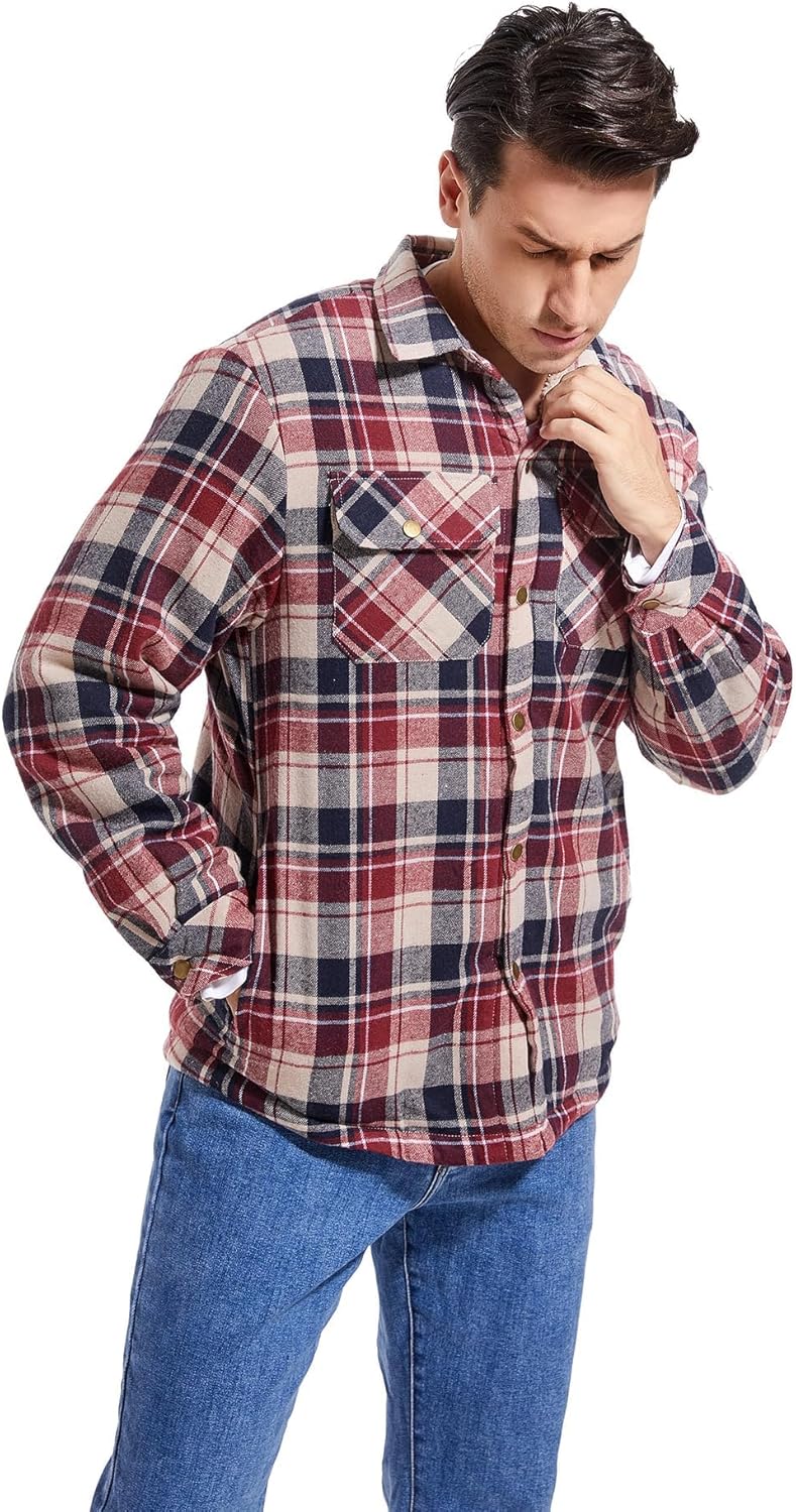Men's Sherpa Lined Cotton Flannel Shirt Jacket Plaid Button Up Jacket Coat for Men with Pocket - Image 4
