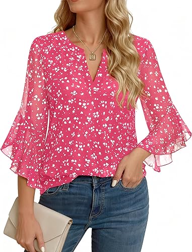 GKBK Womens 3/4 Sleeve Tops Dressy Casual Business Work Blouses Office Shirts Raspberry Pink M