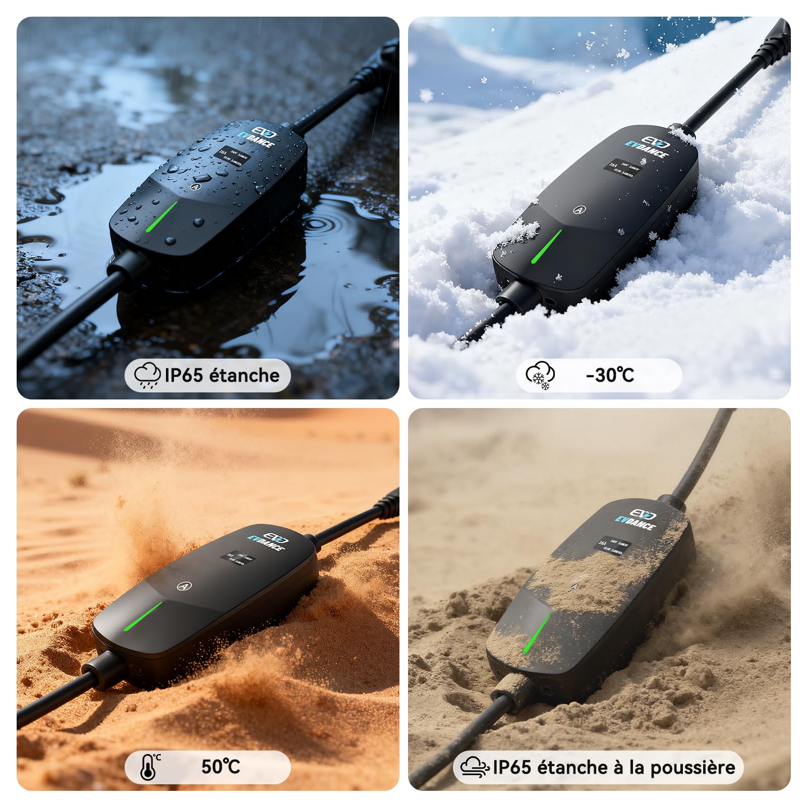 EVDANCE Chargeur Voiture Electrique (3,68 KW, 6-16A, 6,1m) avec Écran OLED | 6-16A Intensité Réglable, Câble Recharge Voiture Électrique Type 2, Étanche IP66, Sac Portable Offert, pour EV IEC 62196-2