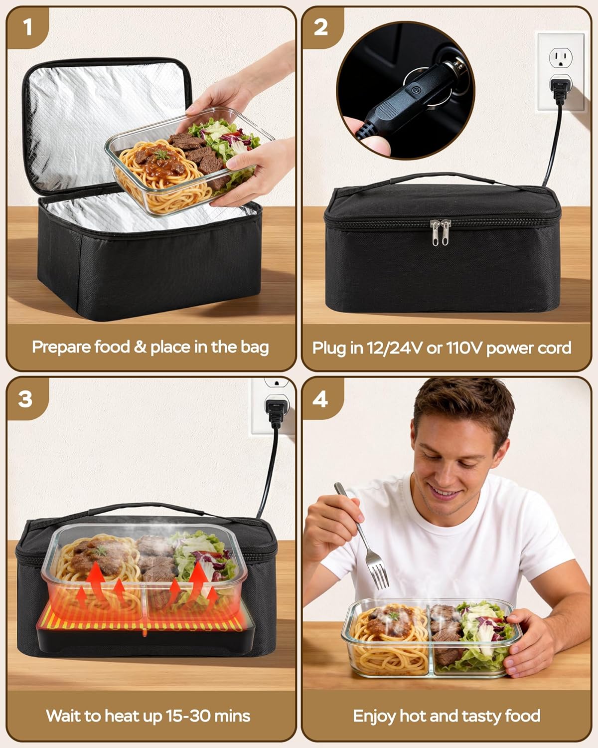 Portable Oven, Electric Lunch Box Food Heater - 12V/24V/110V 3-in-1 Car Food Warmer - Mini Personal Microwave Heated Lunch Box Warmer for Car, Truck, Travel, Office & Home