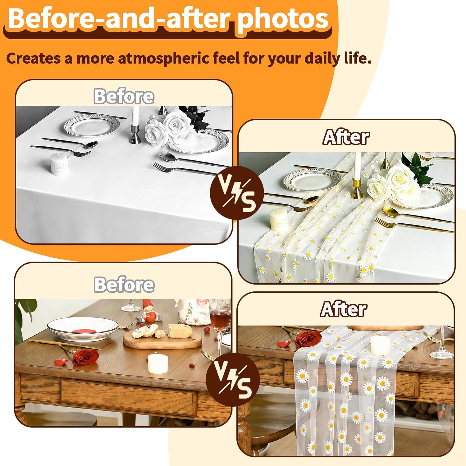 4-Pack Daisy Sheer Table Runner, Faux Gauze Polyester Decorative Table Runner, 30 x 70 in for Parties, Seasonal & Themed Home Decor (4, White, 70“)