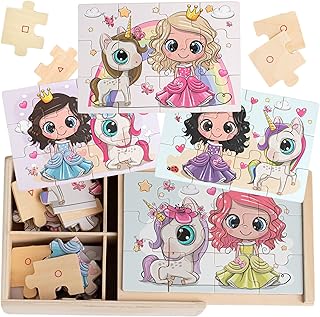 TOYLI 4-in-1 Princess Jigsaw Puzzles for Kids, Wood Puzzles for Kids Ages 3-5 48 Piece Wooden Puzzles for Toddlers 3-5, Wooden Puzzles for Toddlers, Essential Skills Gift for Girls Princesses