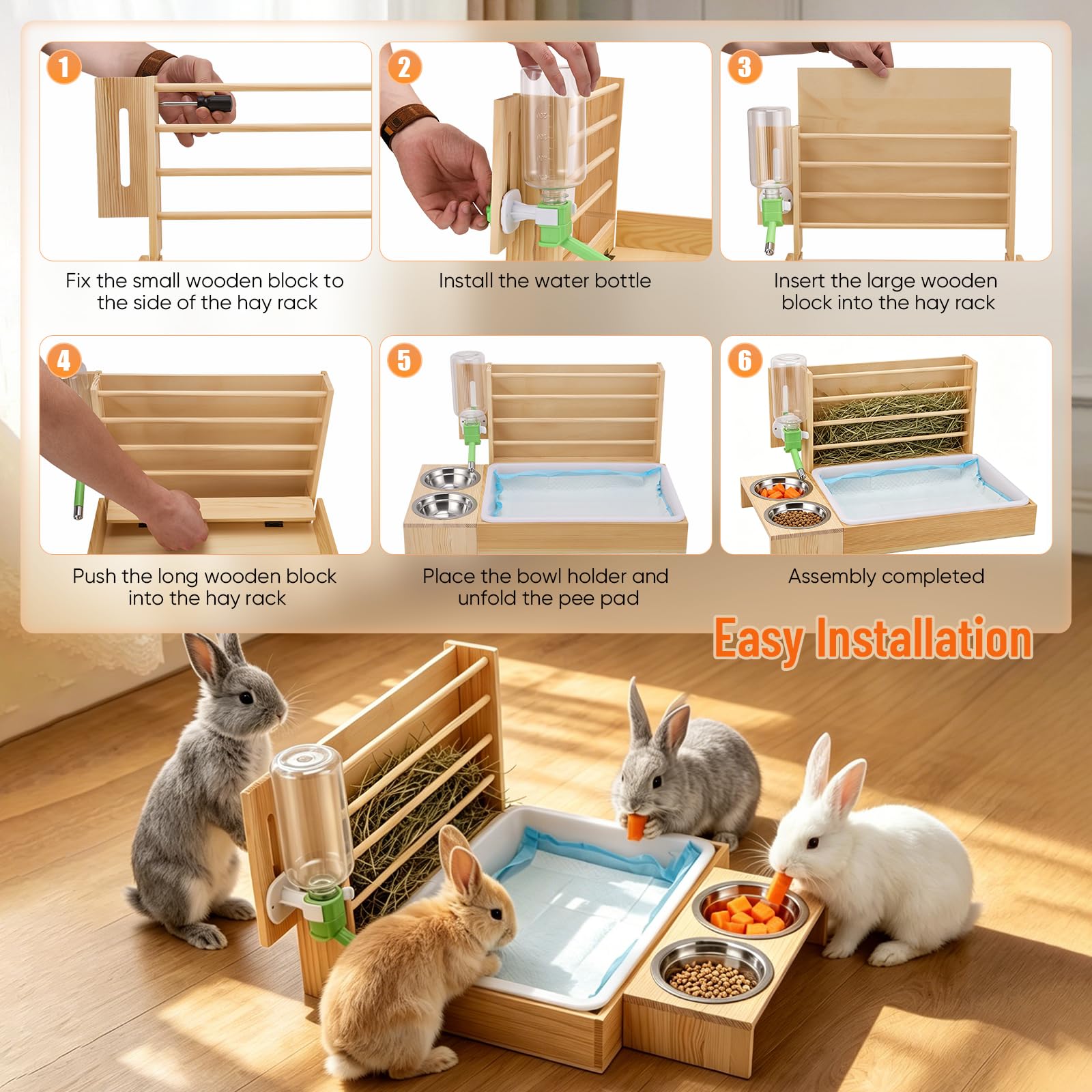 Râtelier à Foin 4-en-1 pour Lapins, Station d'alimentation | Distributeur foin amovible pour cochons d'Inde avec bac à litière, 2 gamelles et biberon Mangeoire bois pour petits animaux