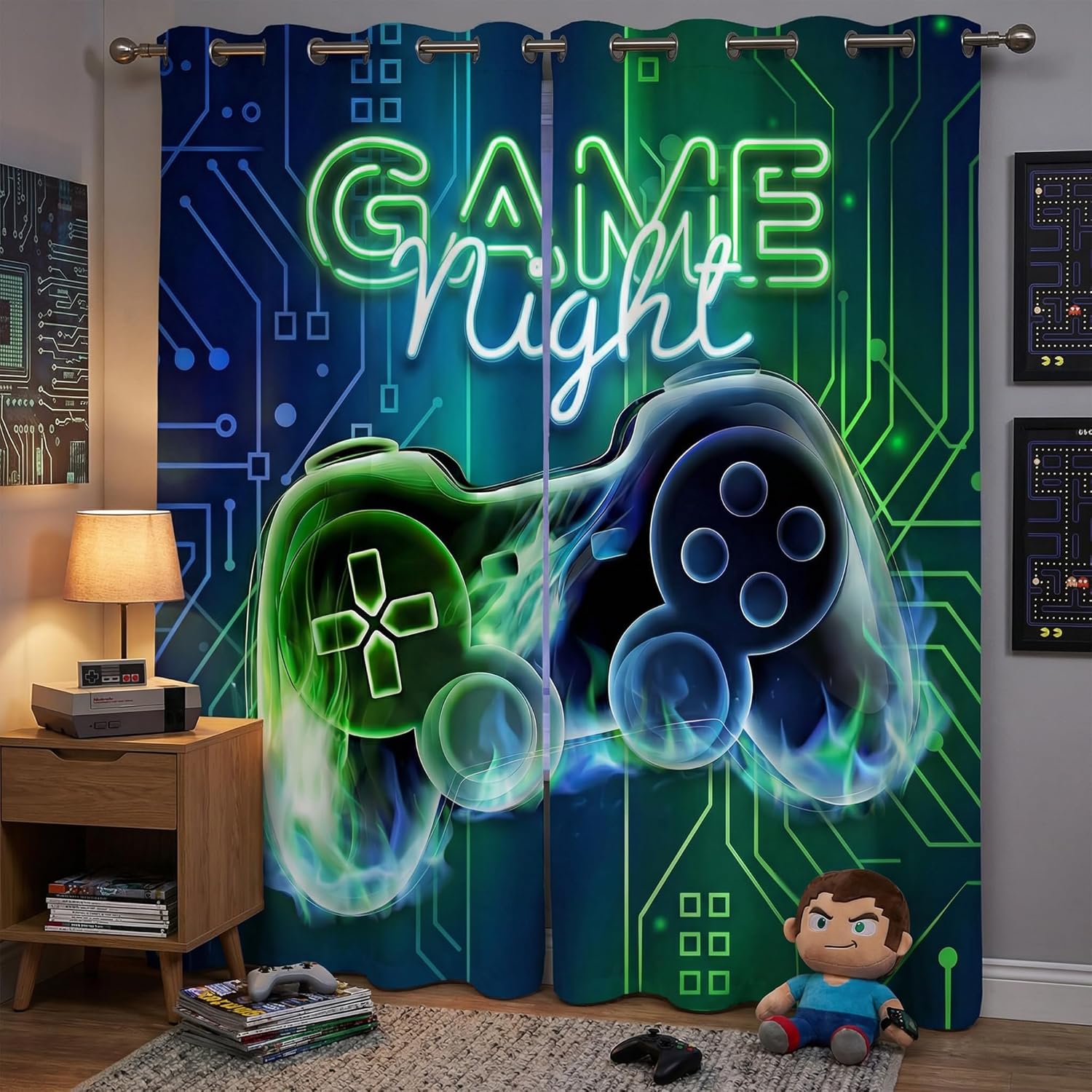 Gaming Blackout Curtains for Boys Bedroom, Neon Game Controller Window Drapes for Gamer Room Decor, Thermal Insulated Grommet Panels, 84W x 84L Inch, 2 Panels