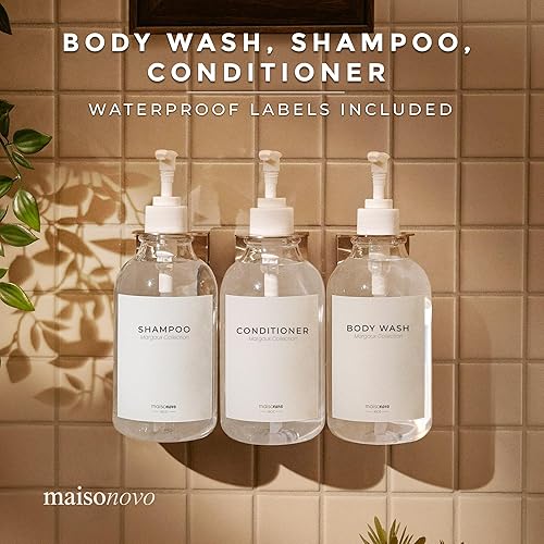 Vista 7 de MaisoNovo Dispensador de champú y acondicionador, dispensador de jabón de ducha montado en la pared, juego de 3 botellas de plástico transparente