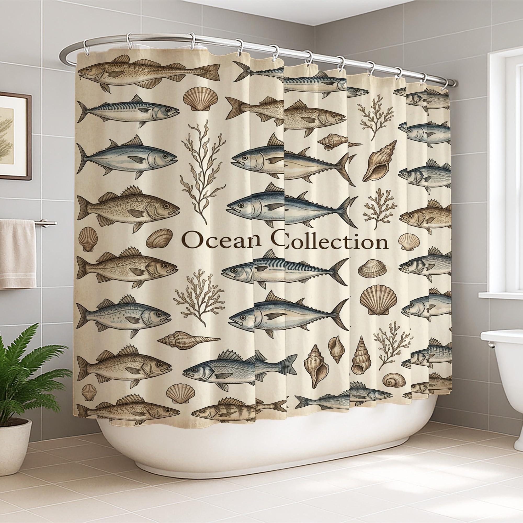 Rideau de douche imperméable anti-éclaboussures grand format en tissu poissons corail et beige