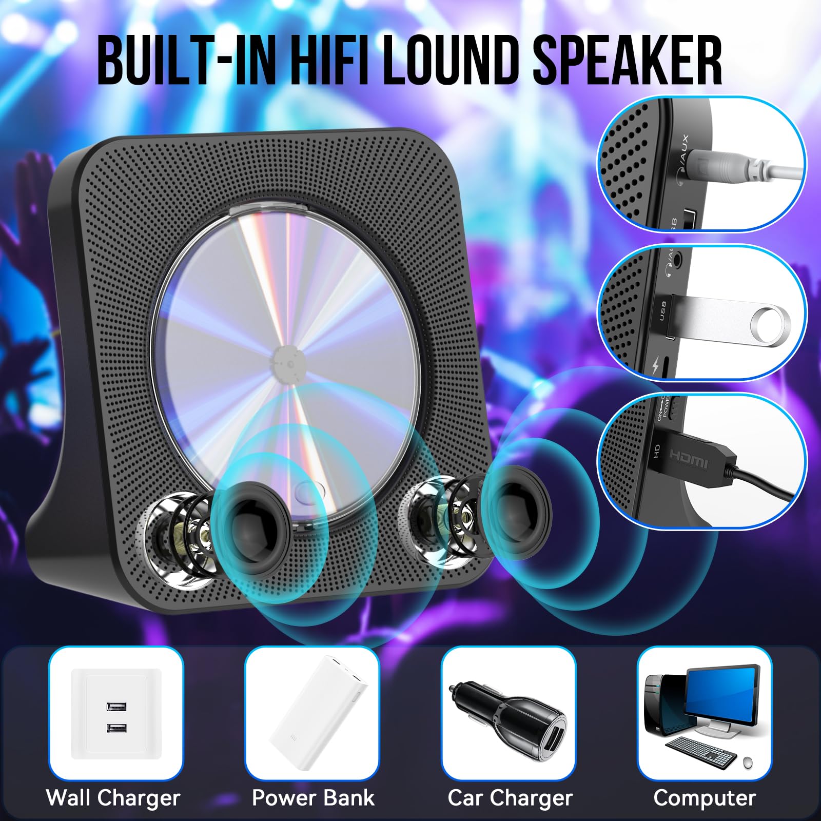 Gueray Reproductor de DVD para TV Bluetooth Reproductor de DVD/CD de Sobremesa para el Hogar con Altavoces Radio FM con Reproductor de CD de Tarjetas USB Incluye Mando a Distancia Cable HDMI