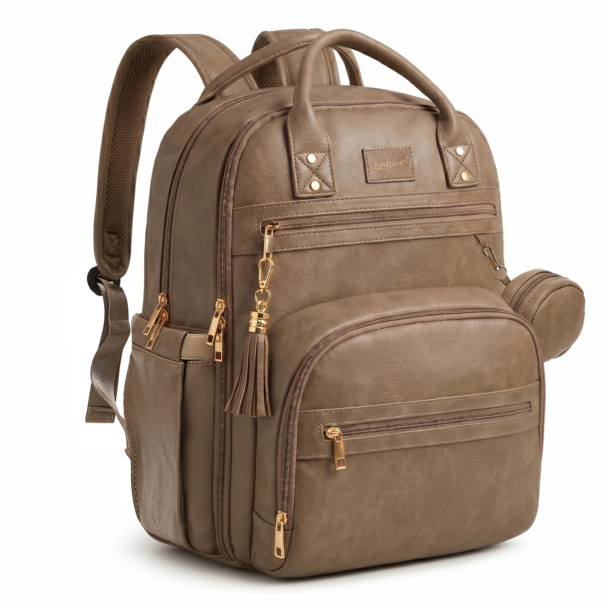 ROSEGIN Premium Vegan Leather Diaper Bag Backpack with Waterproof Changing Pad, Reinforced Zippers &amp; Odor-Free, 20 Pockets Pro Organizer, Fits 15.6" Laptop, Stroller Straps, Baby Bag for Mom, Taupe