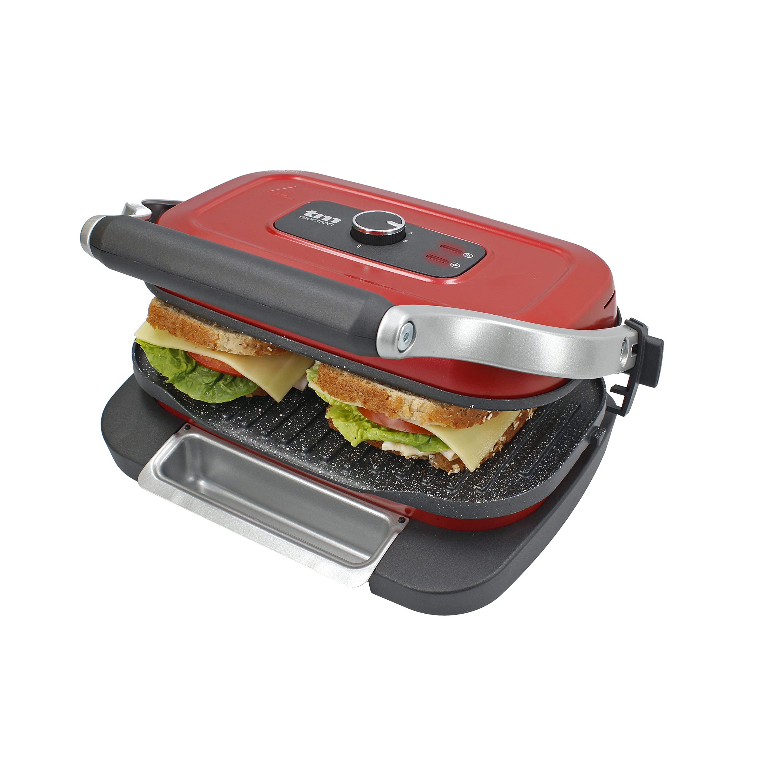 TM Electron TMPGR003RED grill eléctrico estilo retro, calentamiento rápido, revestimiento antiadherente de 5 capas, control de altura y temperatura, bandeja de residuos extraíble, 1300W