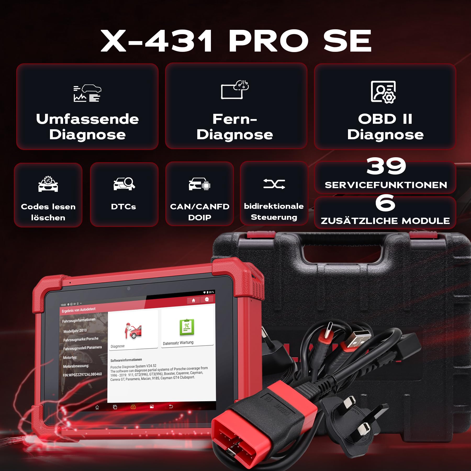 Launch X-431 Pro SE Equipo de diagnóstico OBD2, Lectura de Fallos de Todos los Sistemas, 38 Funciones de Servicio (Aceite/EPB/DPF/batería), función VAG, Soporte Can FD y DoIP, con Bluetooth y Cable.