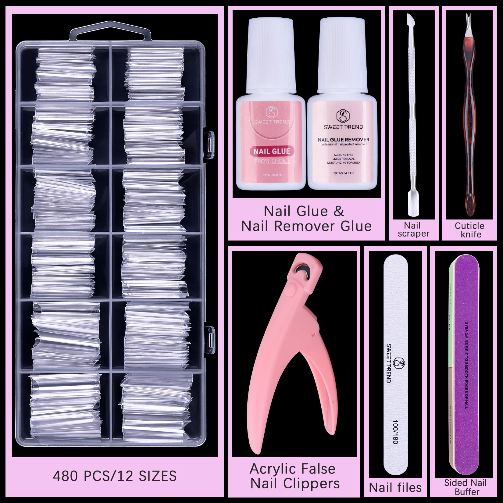 Tapered Square Fake Nail Tips: Sweet Trend No C Curve Nail Tips for Acrylic Nails 480Pcs 12 Sizes Extra Long Straight Flat Half Cover Nail Extension Kit with Glue Remover & Glue Acrylic Nail Clippers