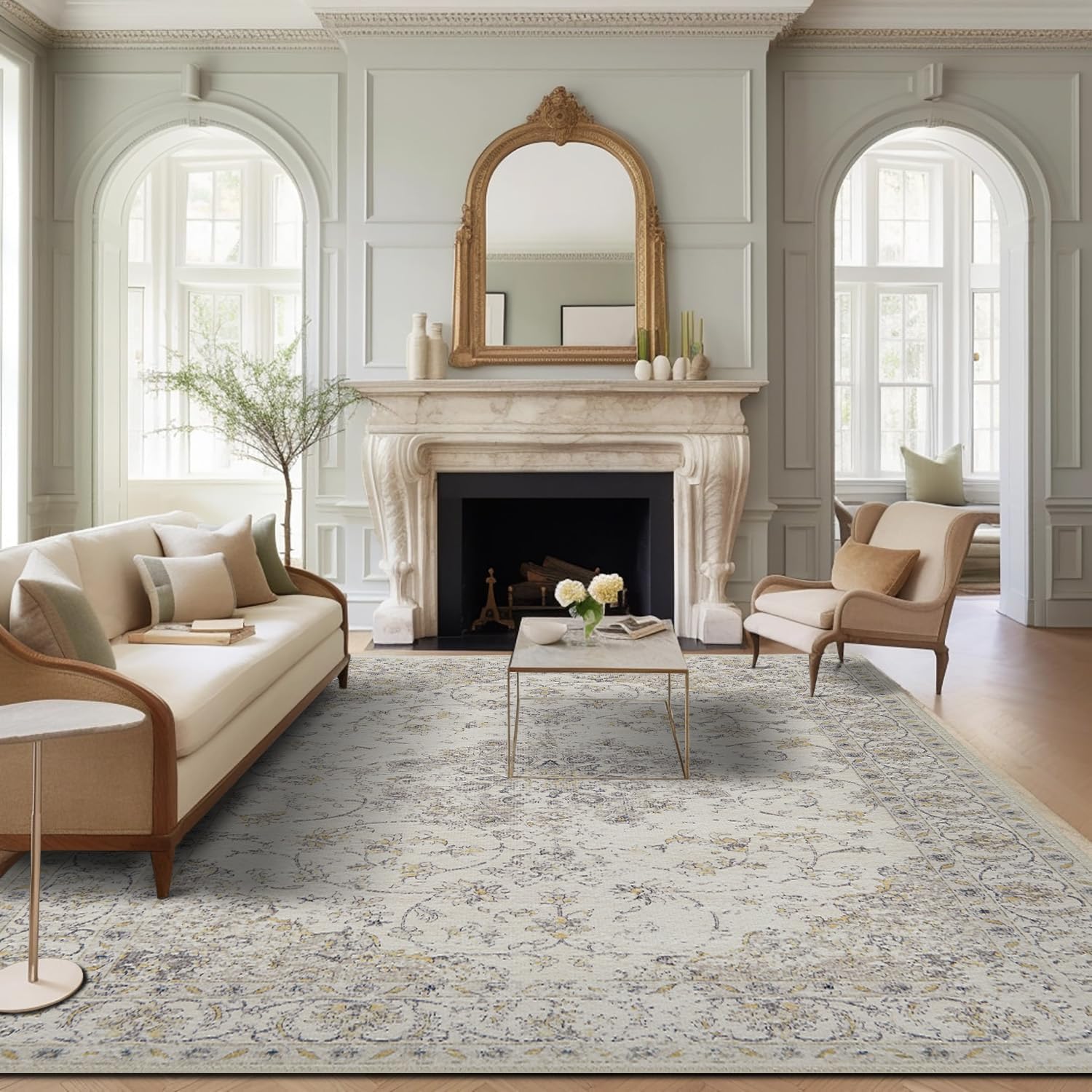 jinchan Washable Area Rug 6x9 Low Pile Stain Resistant Living Room Vintage Rug Floral Medallion Distressed Carpet Ultra-Thin Non Slip Indoor Carpet for Kitchen Bedroom Dining Room Farmhouse